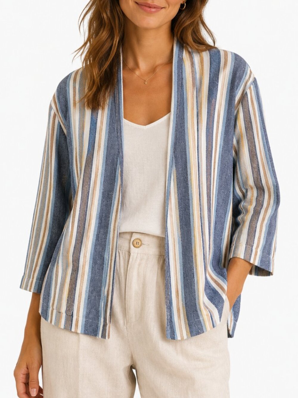 M MADE IN ITALY Linen Cotton Blend Striped Jacket Open Front Multi Women's Small